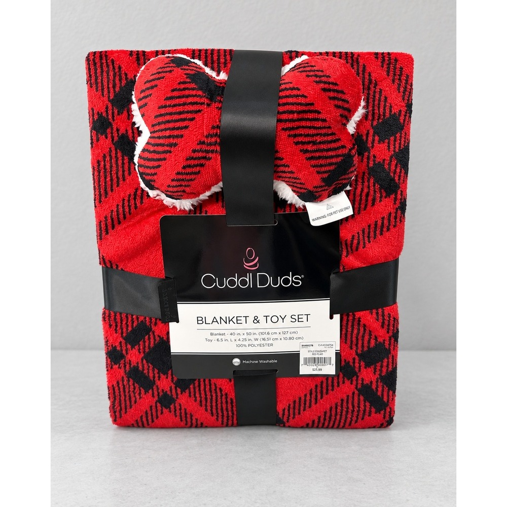 Cuddl Duds Pet Blanket 40 x 50 Inches & Bone Toy Set Red Black Plaid New